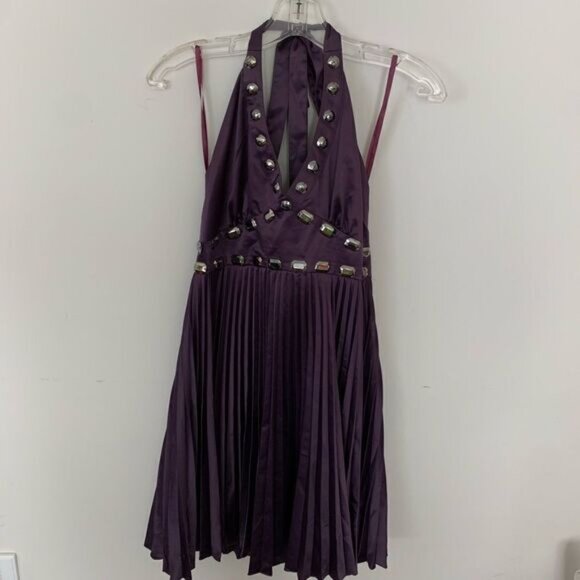 Purple Halter Pleated Satin Jewelled Dress - Picture 1 of 2